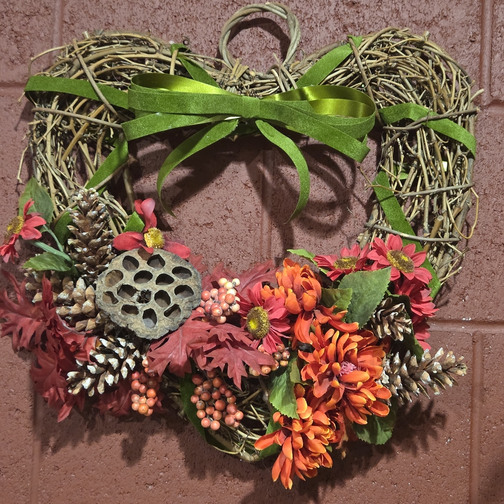Heart-Shaped Autumn Grapevine Wreath with Red, Orange and Green Accents